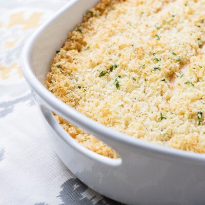 An overhead picture of the baked keto chicken cordon bleu casserole in a large white baking sheet