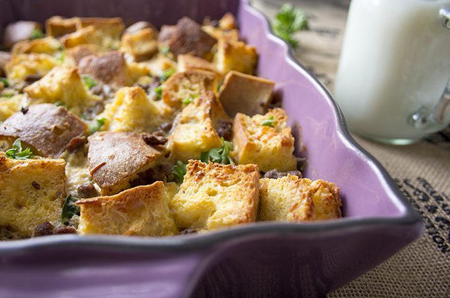 Up close picture of sausage casserole for breakfast