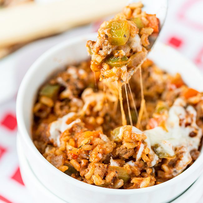stuffed pepper casserole being served