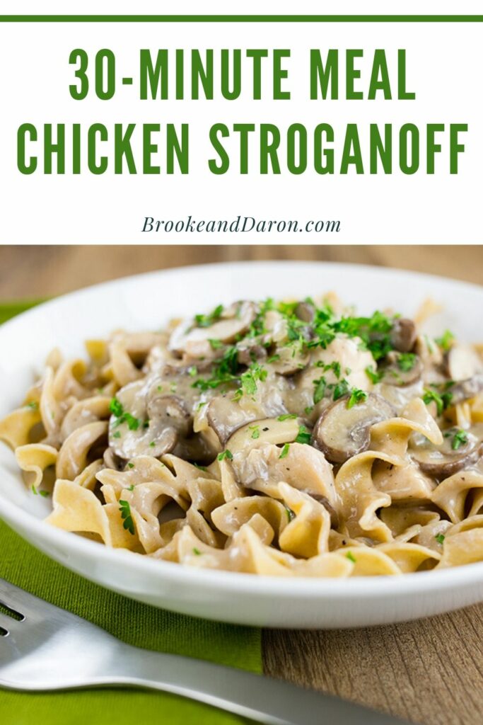 Chicken stroganoff with mushrooms in white bowl