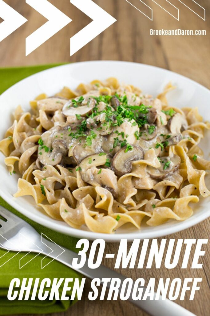 Chicken stroganoff with mushrooms in white bowl