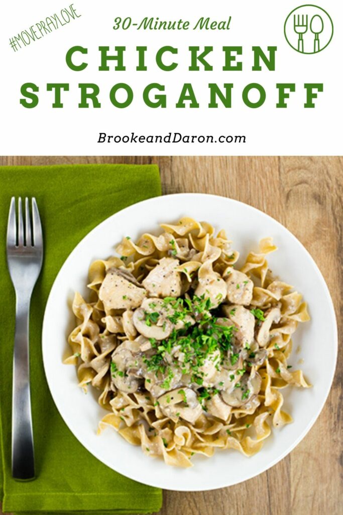 Overhead picture of white bowl of chicken and noodles