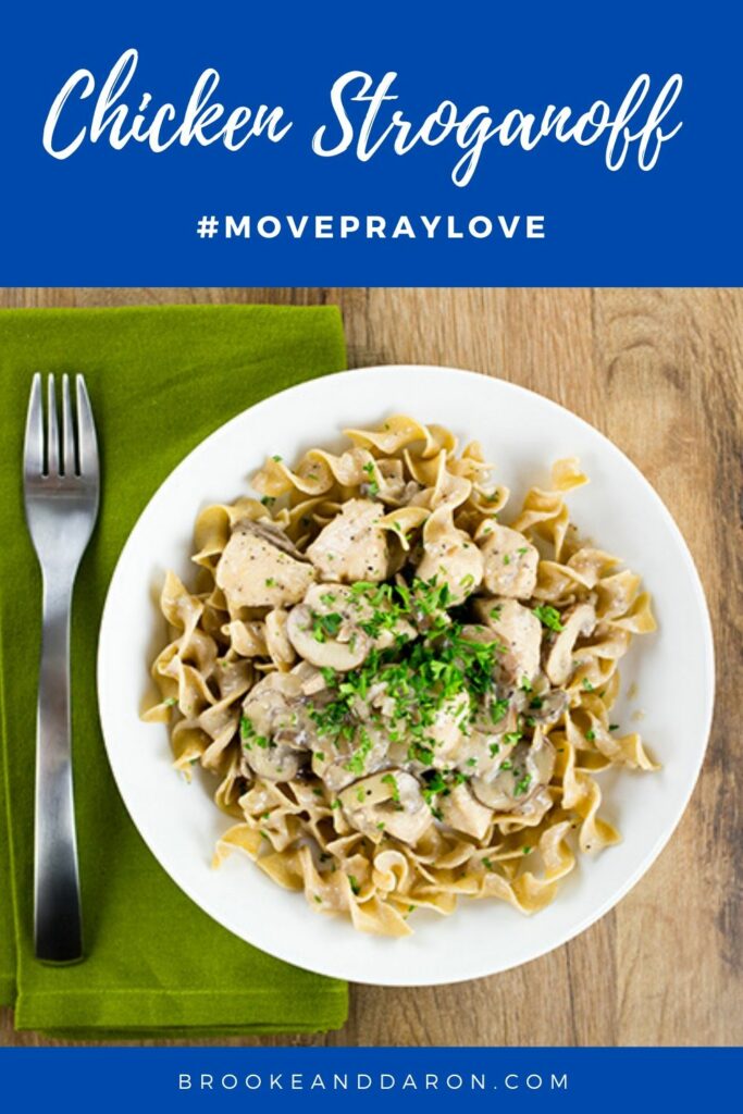 Overhead picture of white bowl of chicken and noodles