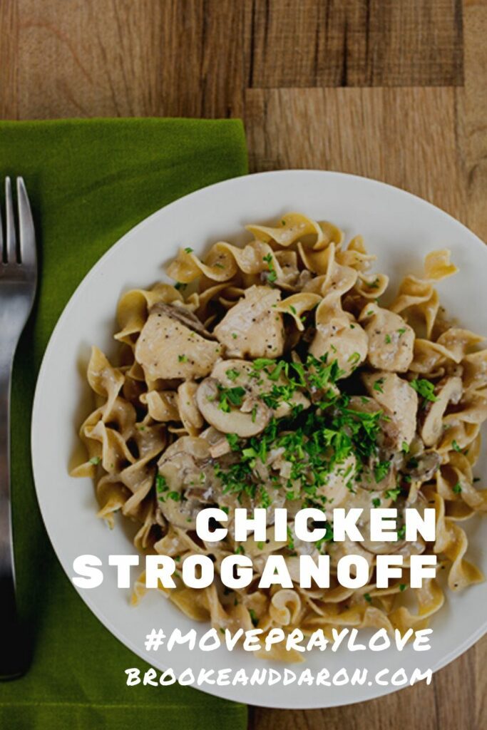 Overhead picture of white bowl of chicken and noodles