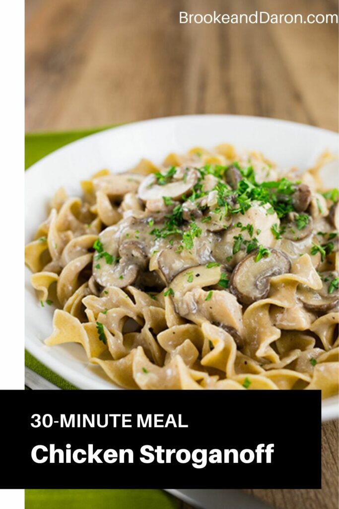 Chicken stroganoff with mushrooms in white bowl