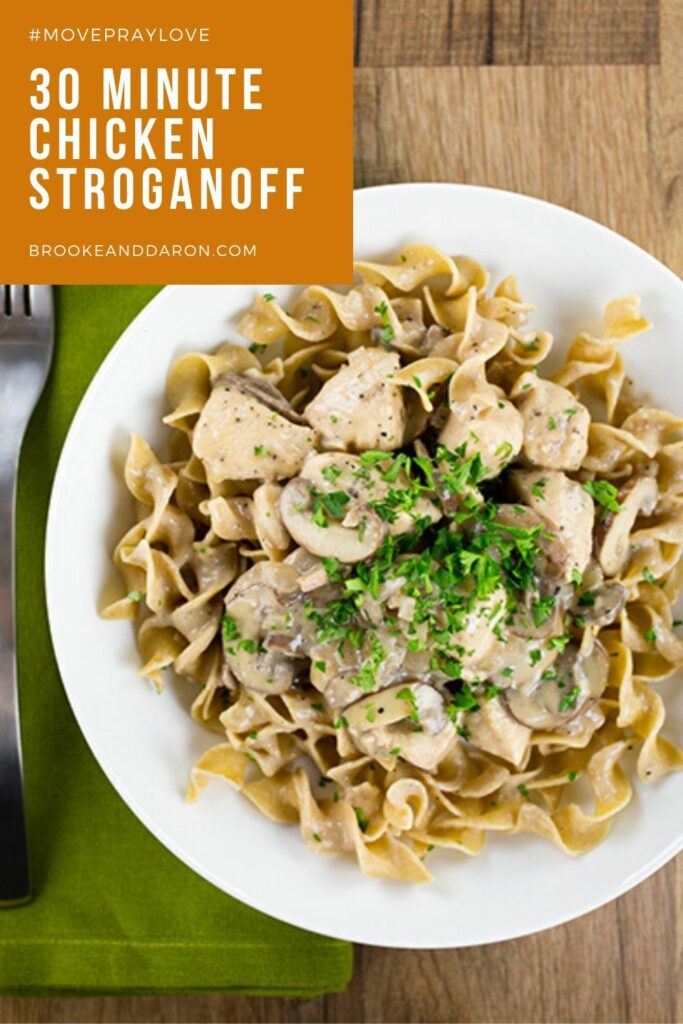 Overhead picture of white bowl of chicken and noodles