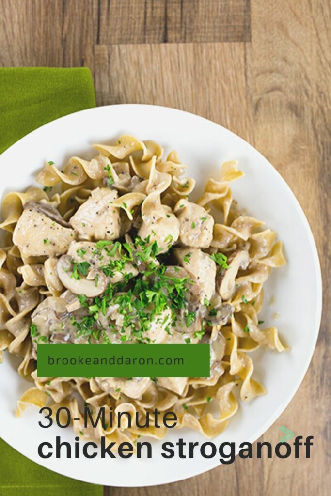 Overhead picture of white bowl of chicken and noodles