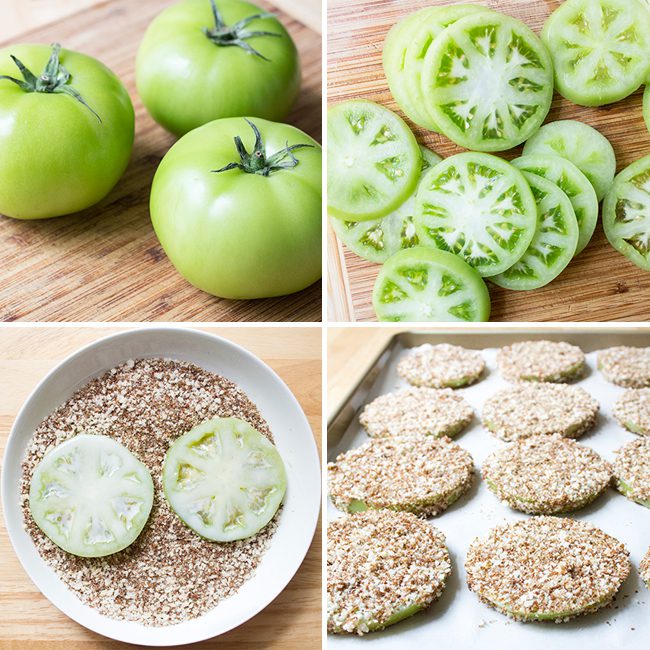 A collage image of slicing and breading tomatoes to go on baking sheet for oven frying
