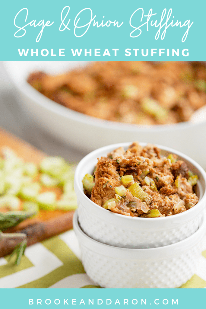 Small white bowl filled with sage and onion stuffing recipe