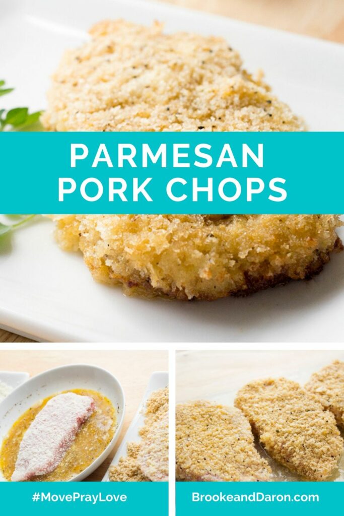 Parmesan pork chop on white plate with parsley