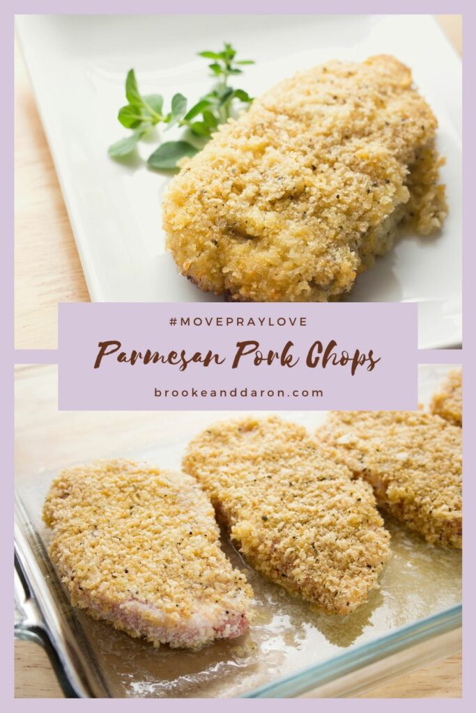 Parmesan pork chop on white plate with parsley