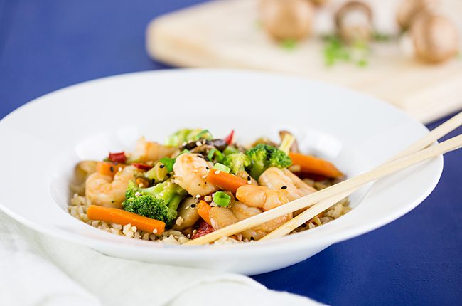 Vegetable Stir Fry with Shrimp close up in bowl