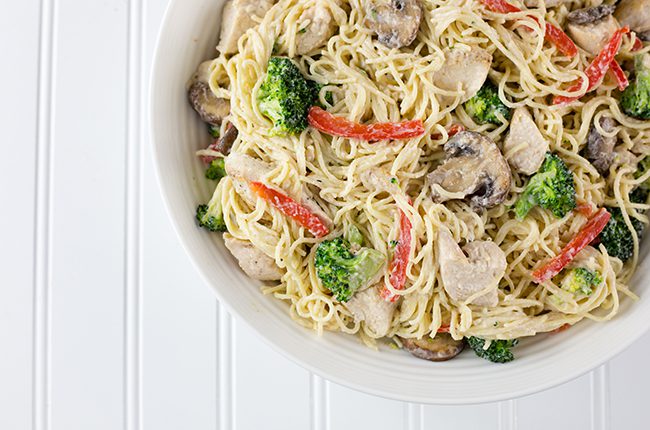 Chicken Pasta Primavera overhead shot