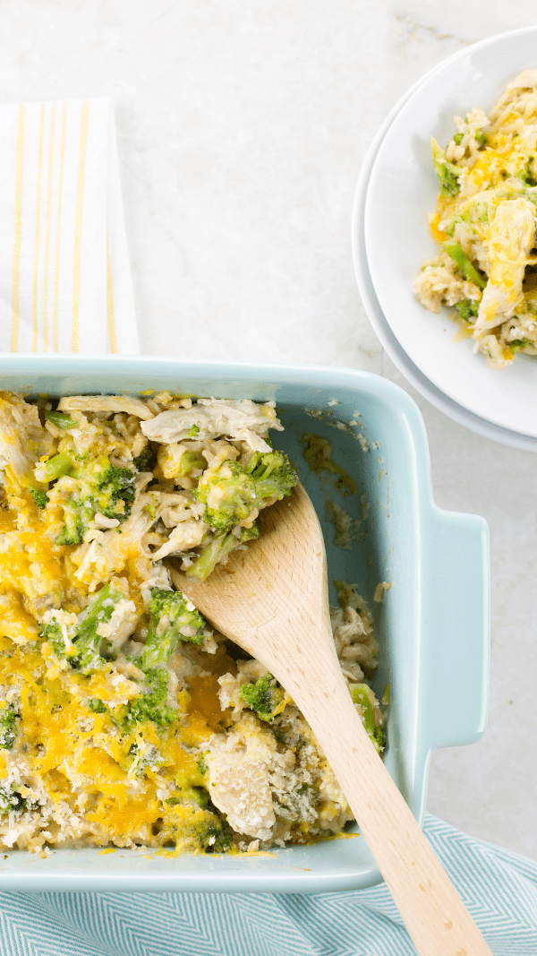 overhead shot of chicken and rice casserole
