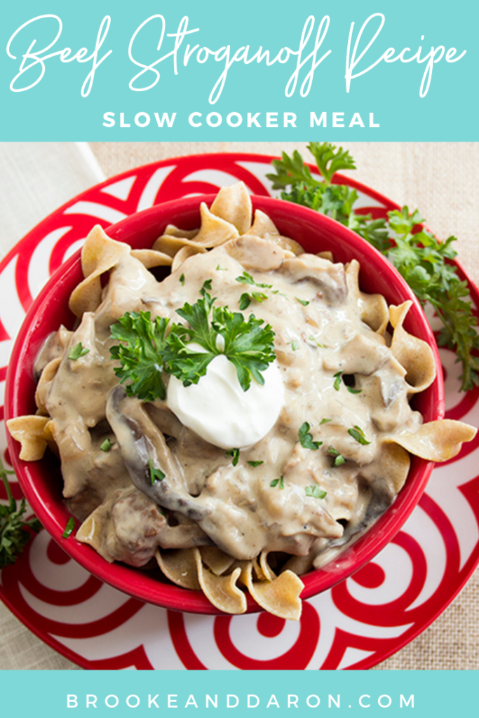Overhead picture of a large red bowl of slow cooker beef stroganoff recipe
