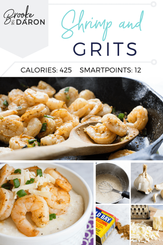 Collage picture of prepared shrimp and grits being served