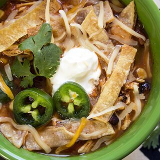 The Best Slow Cooker Chicken Tortilla Soup overhead shot