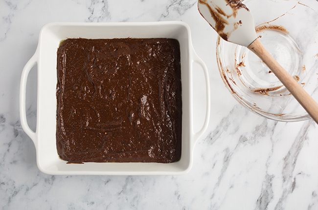 overhead shot of black bean brownies in casserole dish