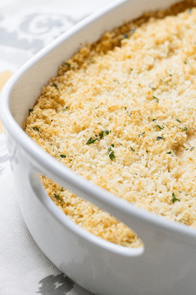 Chicken cordon bleu keto casserole in large white baking dish