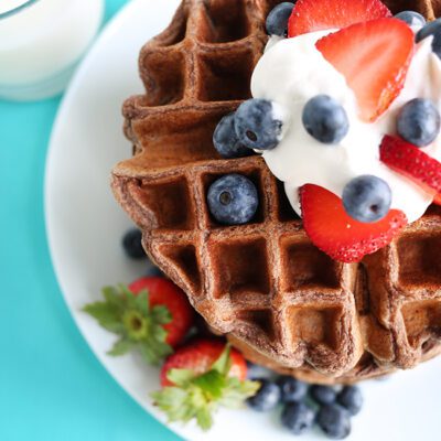 Up close overhead picture of chocolate protein waffles
