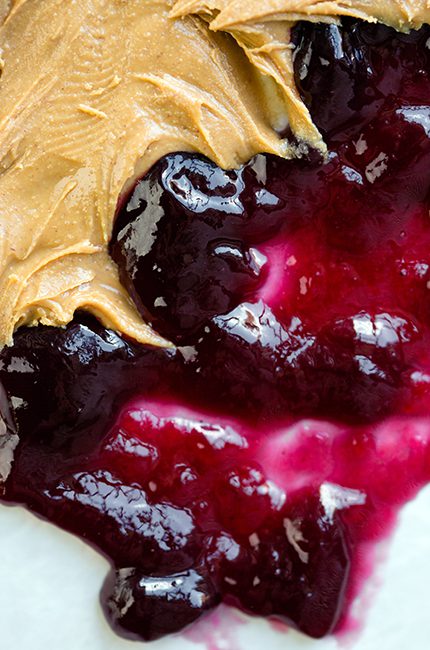 Up close picture of peanut butter and jelly for sushi