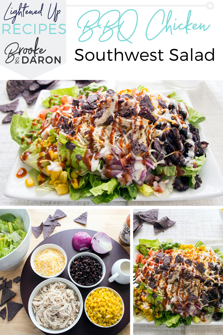 A bbq chicken salad with southwest toppings on a white plate
