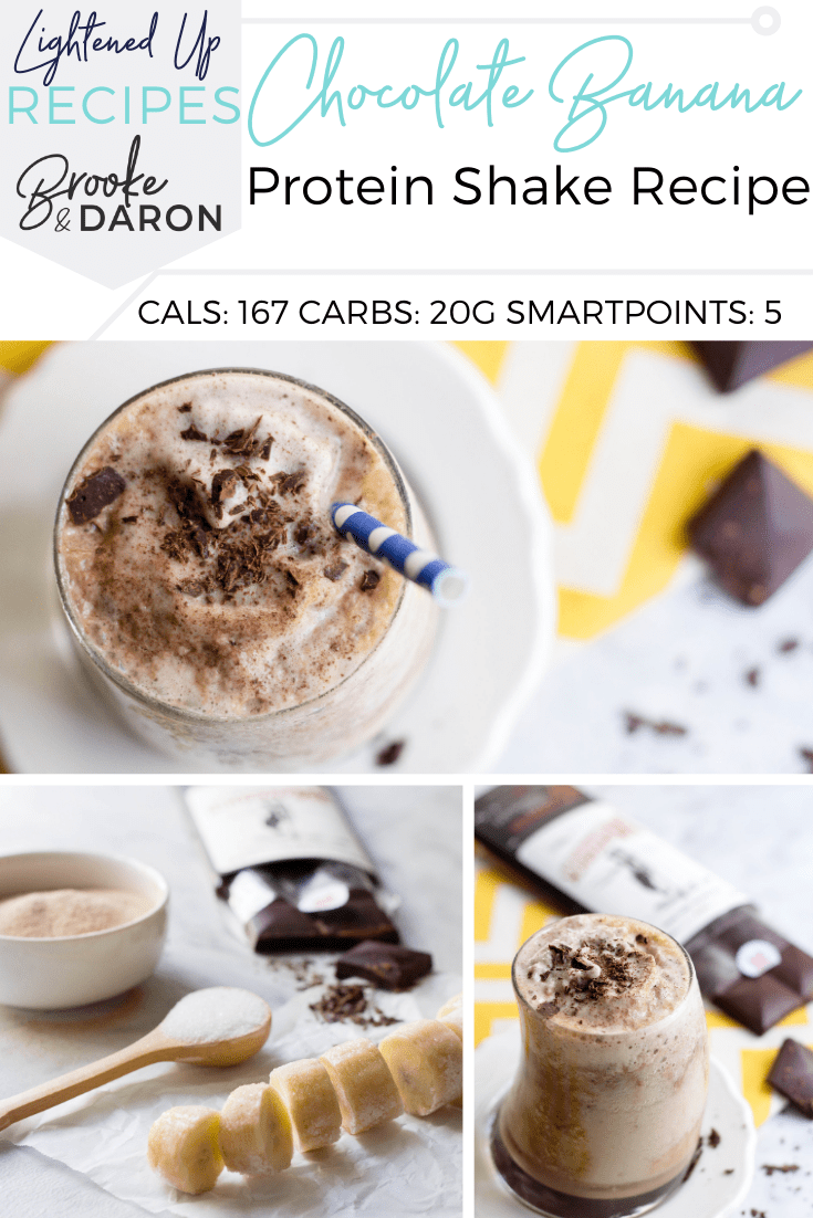 A collage image a chocolate banana protein shake recipe