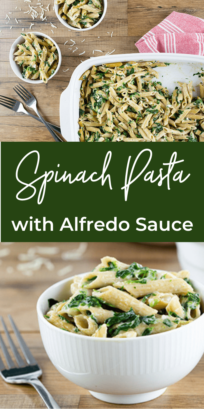 A collage image of spinach pasta in a white baking dish and white bowl