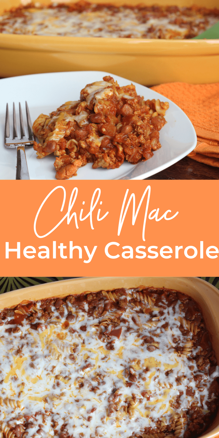 Chili mac in a baking dish and on a white plate to be served