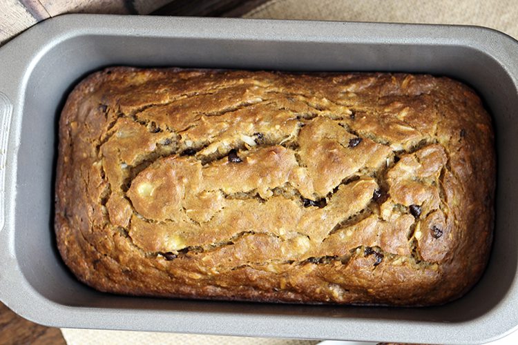 Chocolate Chip Coconut Banana Bread in a loaf pan