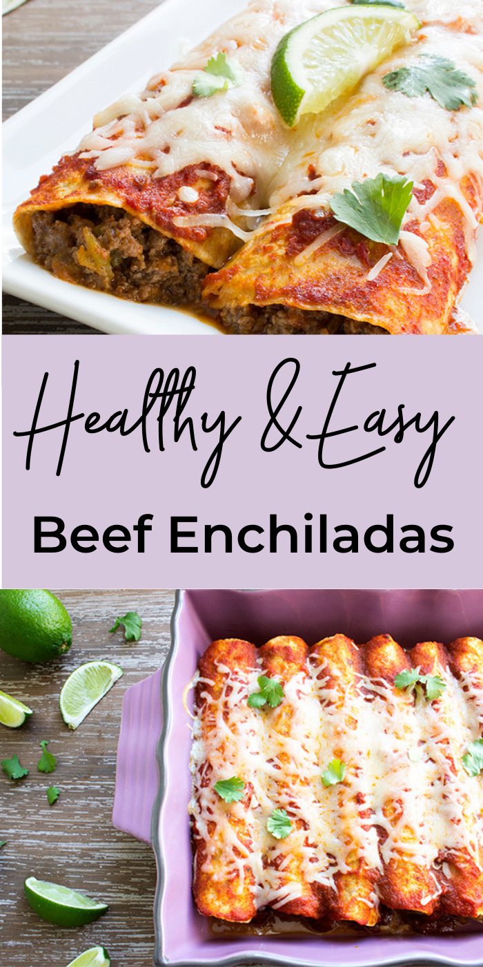 Collage of beef enchiladas in a purple baking dish and on a white plate