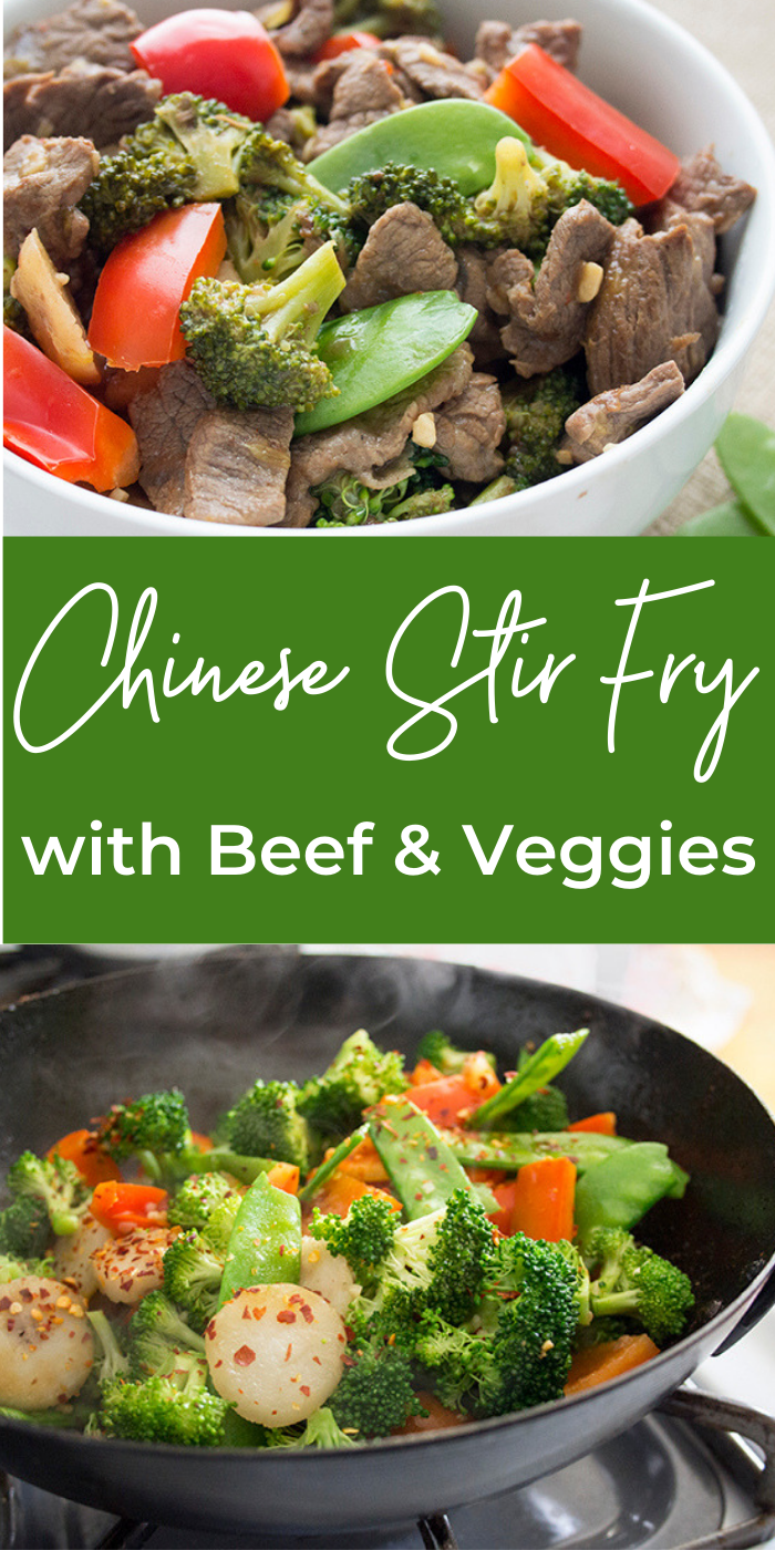 Collage of making chinese beef stir fry in a large wok