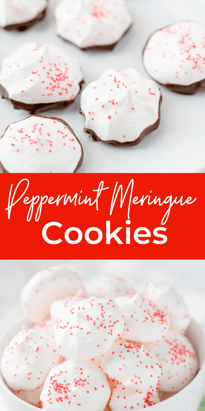 Collage picture of a bowl of peppermint meringue cookies