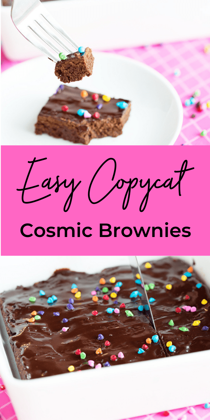 Collage picture of baked cosmic brownies on a white plate with pink cloth