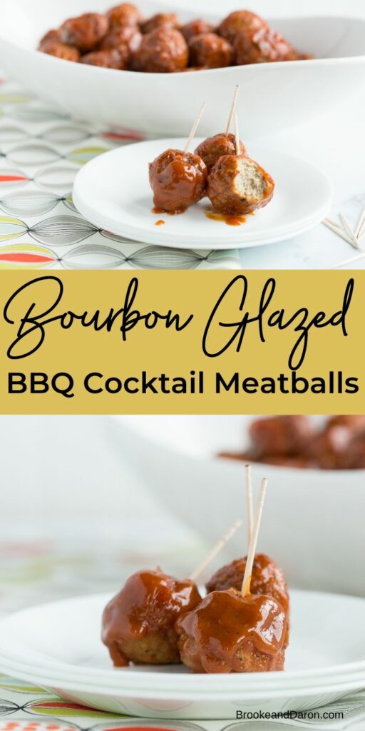 Collage picture of bourbon meatballs on white saucers and white bowls