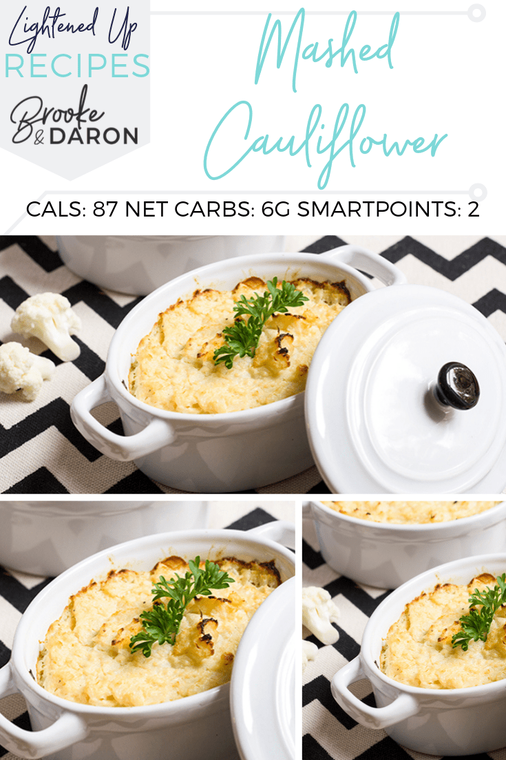 Collage picture of mashed cauliflower in a white crock