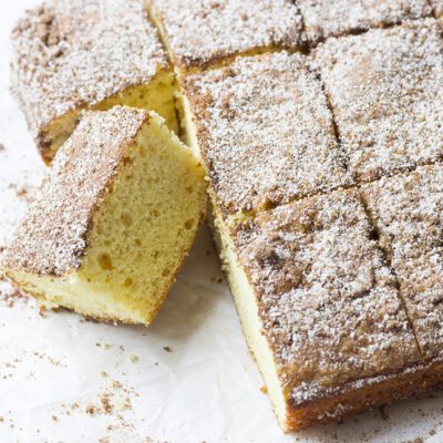 Overhead picture of Greek yogurt cinnamon coffee cake slices