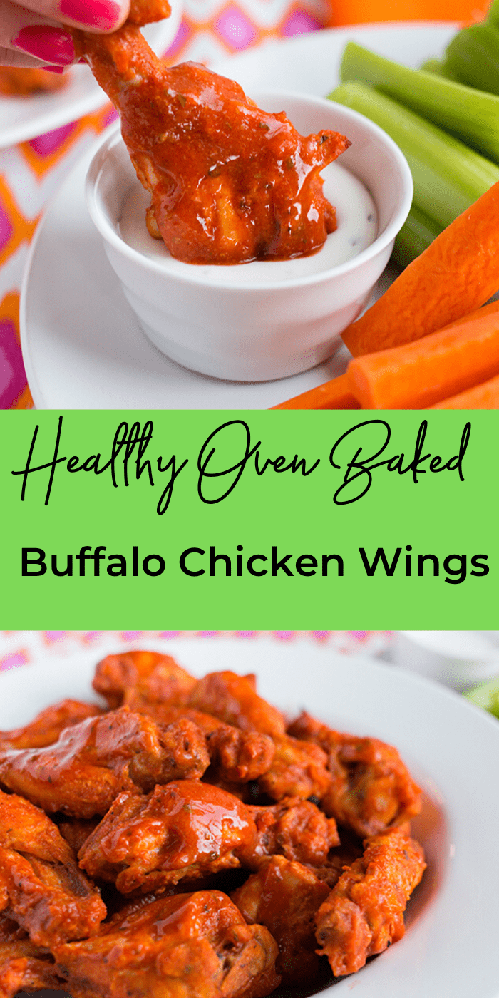Healthy Oven Baked buffalo chicken wings collage image showing in a bowl and being dipped