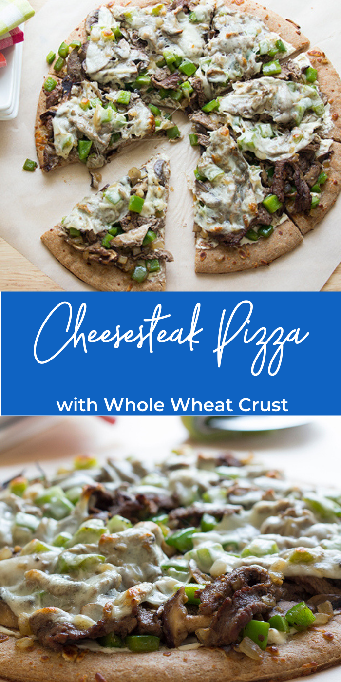 Long collage picture of cheesesteak pizza