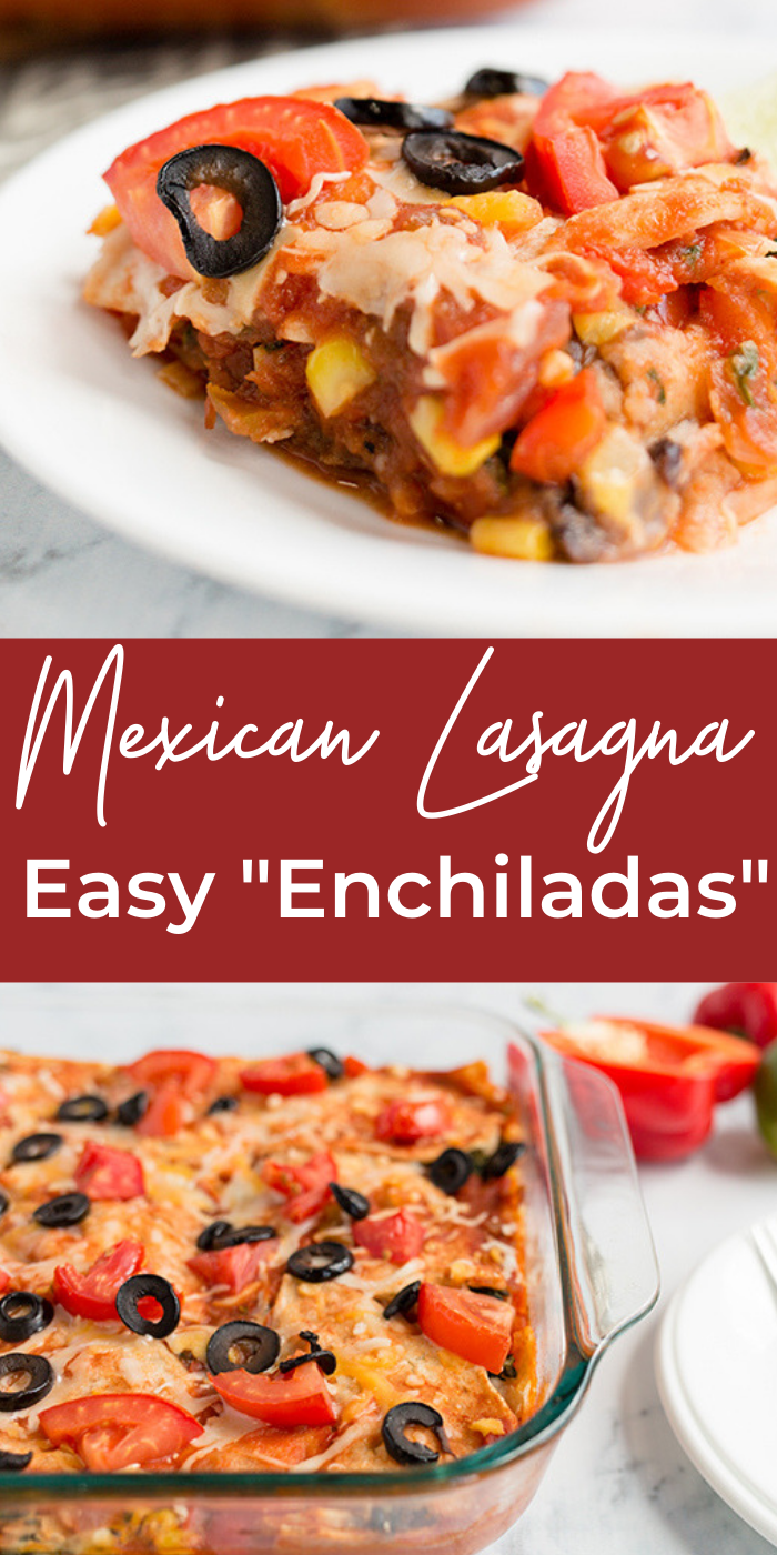 Mexican lasagna in a baking dish and on a serving plate