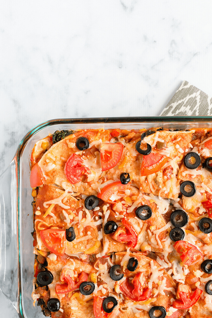 Overhead picture of a enchilada lasagna casserole