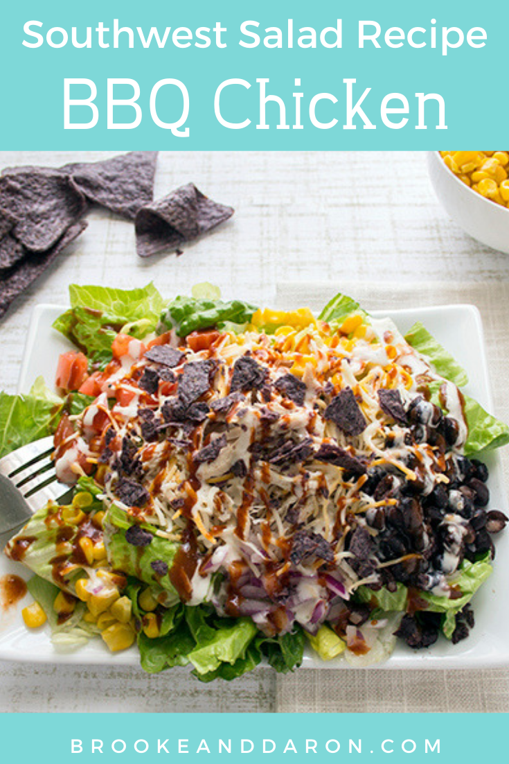 Overhead picture of a large white plate filled with bbq chicken salad recipe