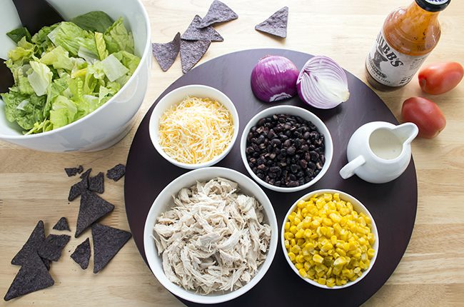 Overhead picture of ingredients for bbq chicken salad recipe