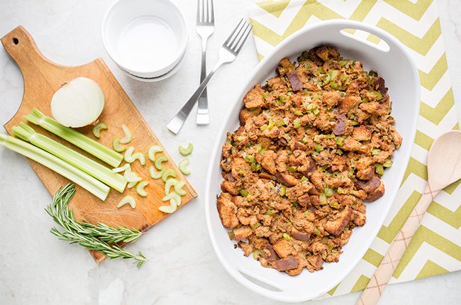 Overhead picture of whole wheat stuffing recipe in large white casserole dish