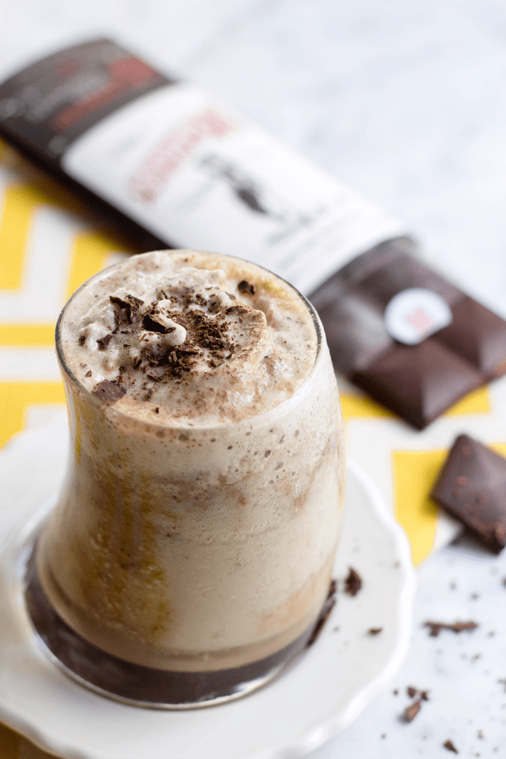 Tall glass filled with chocolate banana protein shake recipe