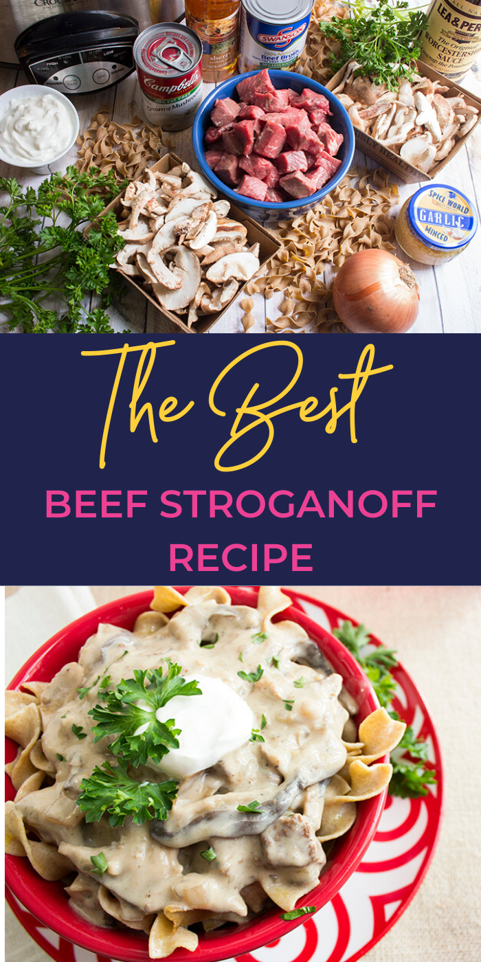 A collage picture of ingredients and prepared beef stroganoff recipe