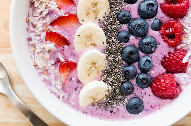 Up close overhead picture of berry smoothie bowl