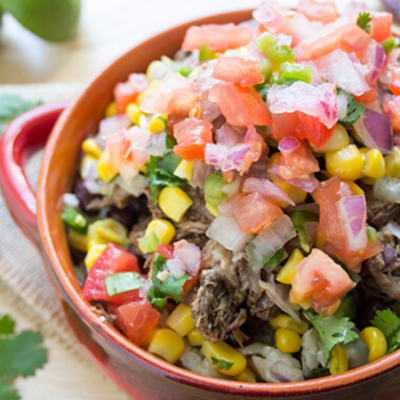 Up close picture of a barbacoa burrito bowl recipe