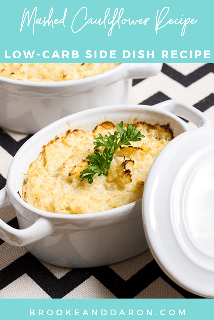 Up close picture of a white crock filled with mashed cauliflower recipe