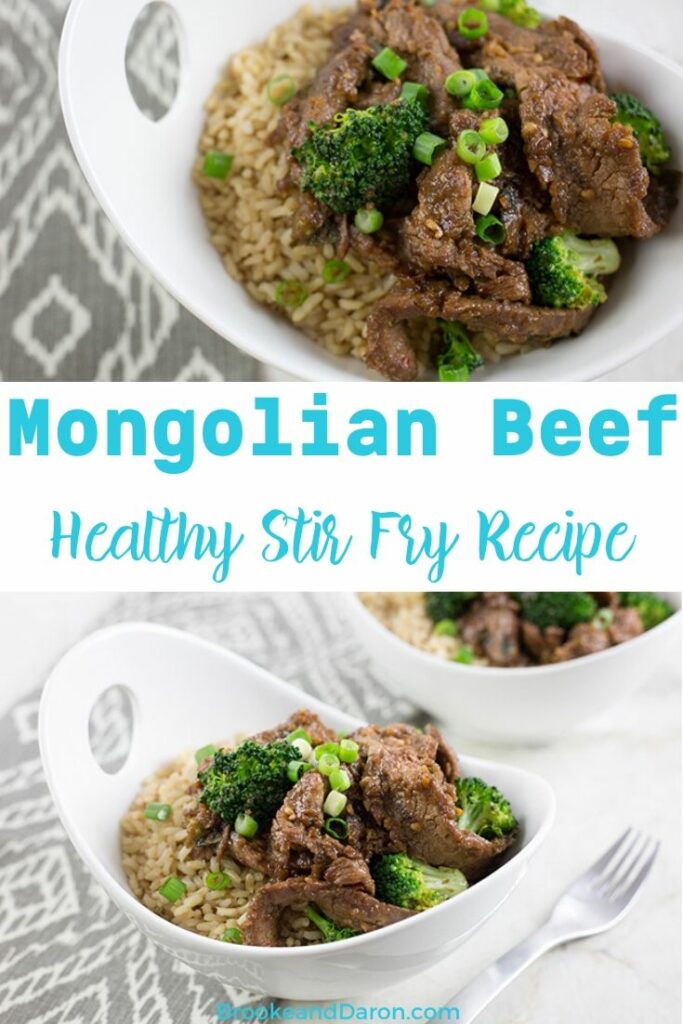 Beef stir fry recipe in large white bowls with brown rice and broccoli